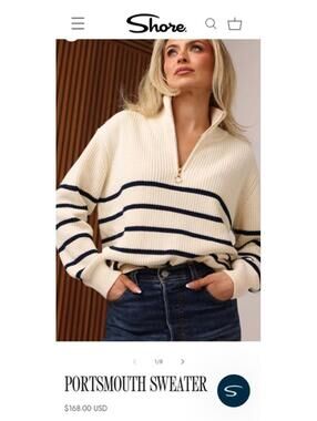 Shore quarter zip cream and Navy w/gold zipper Portsmouth sweater size Large